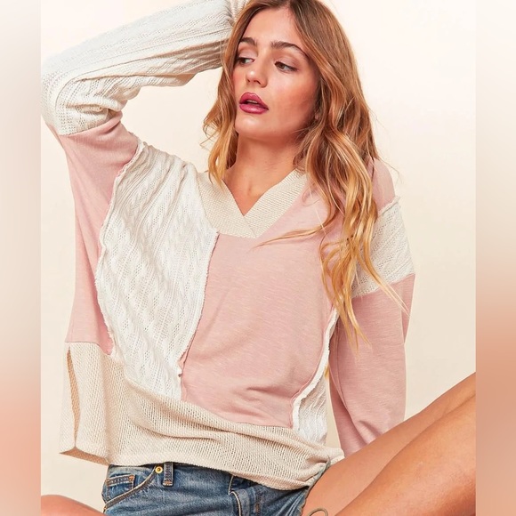 Women’s Pink, Taupe, & Ivory Color Block Cable Knit Patchwork Top, S/M/L - Picture 5 of 8